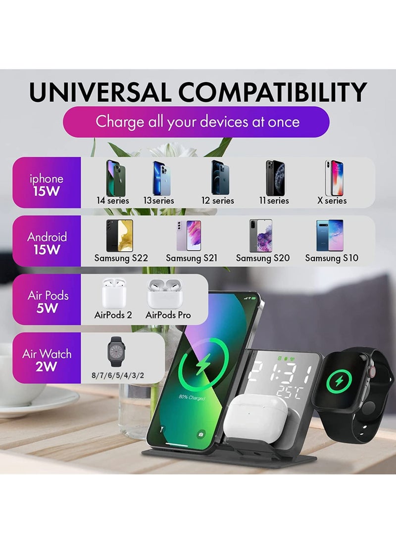 SYOSI - 4-in-1 Wireless Charging Station with Digital Alarm Clock and Temperature Gauge - Compatible with iPhone 15/14/13/12, AirPods, Watch Ultra 9/8/7/6/5, and Galaxy S23-S7 - Image 1