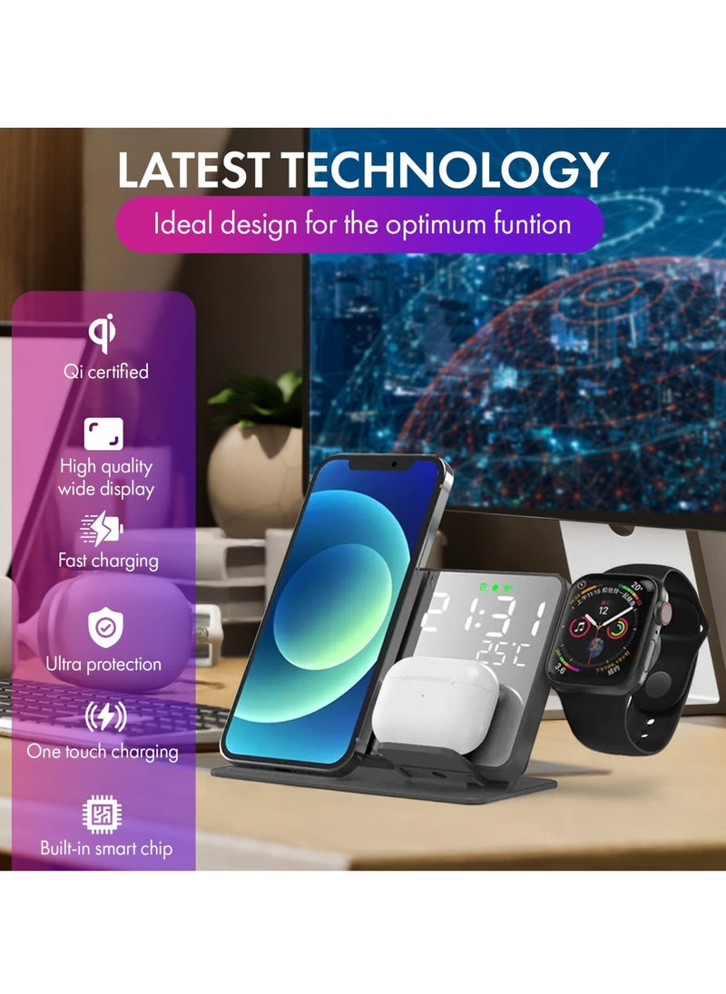 SYOSI - 4-in-1 Wireless Charging Station with Digital Alarm Clock and Temperature Gauge - Compatible with iPhone 15/14/13/12, AirPods, Watch Ultra 9/8/7/6/5, and Galaxy S23-S7 - Image 1