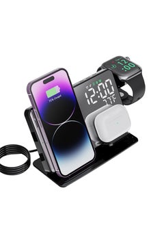 4-in-1 Wireless Charging Station with Digital Alarm Clock and Temperature Gauge - Compatible with iPhone 15/14/13/12, AirPods, Watch Ultra 9/8/7/6/5, and Galaxy S23-S7