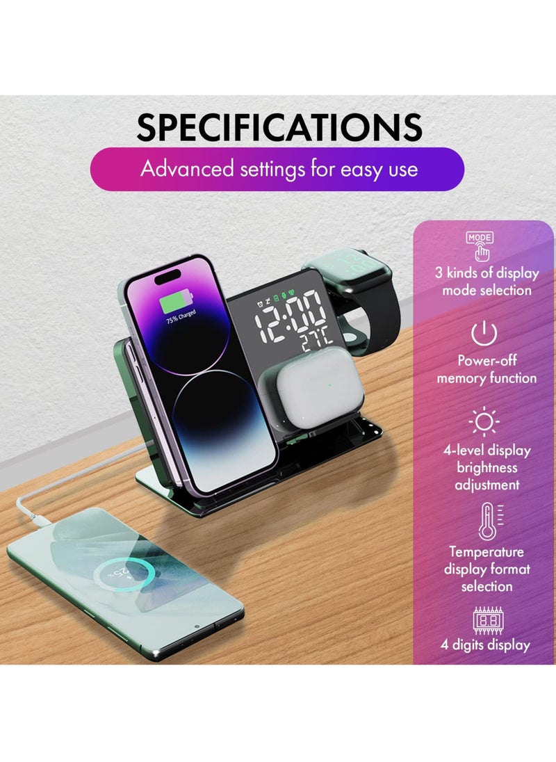 SYOSI - 4-in-1 Wireless Charging Station with Digital Alarm Clock and Temperature Gauge - Compatible with iPhone 15/14/13/12, AirPods, Watch Ultra 9/8/7/6/5, and Galaxy S23-S7 - Image 1