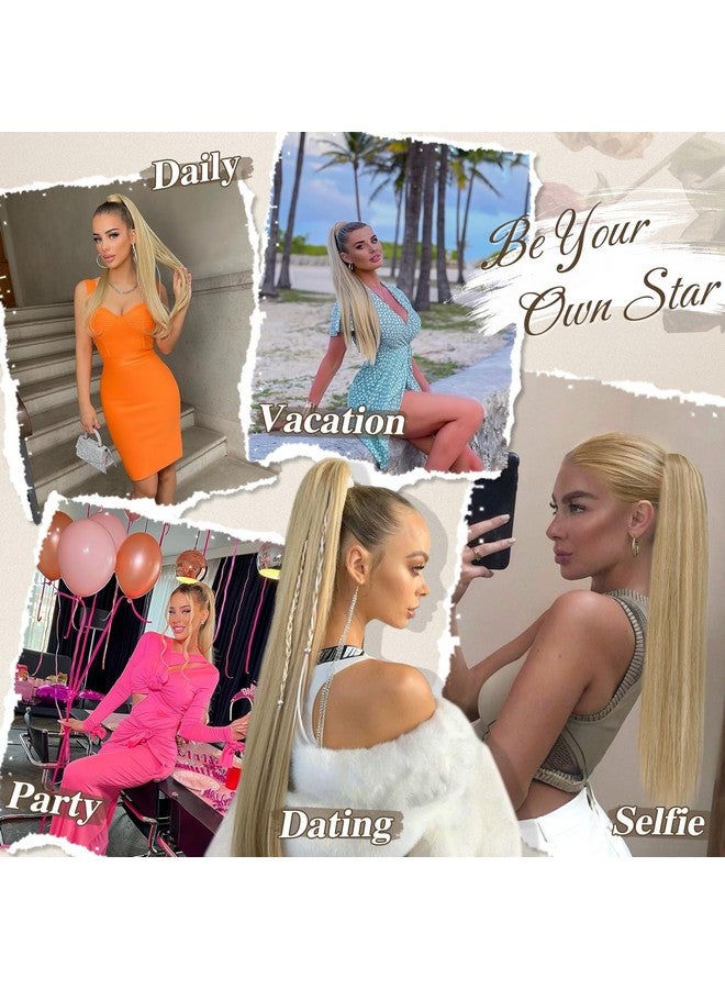 Drawstring Ponytail Extension - 34 Inch Long Straight Blonde Ponytail Hair Extensions Synthetic Fake Pony Tails Hairpieces Clip In Ponytail For Women Girls Daily- Light Ash Blonde Mixed