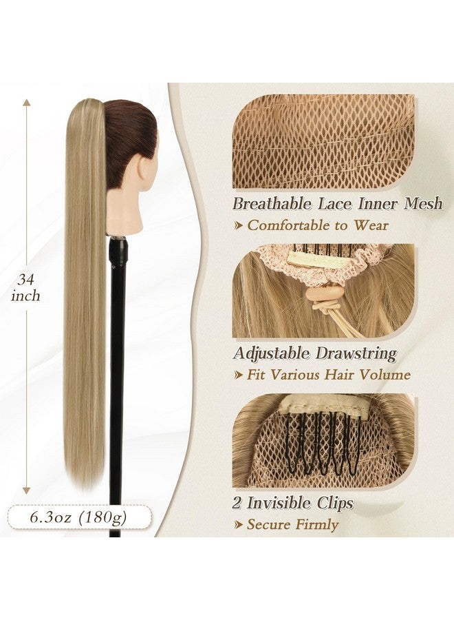 Drawstring Ponytail Extension - 34 Inch Long Straight Blonde Ponytail Hair Extensions Synthetic Fake Pony Tails Hairpieces Clip In Ponytail For Women Girls Daily- Light Ash Blonde Mixed