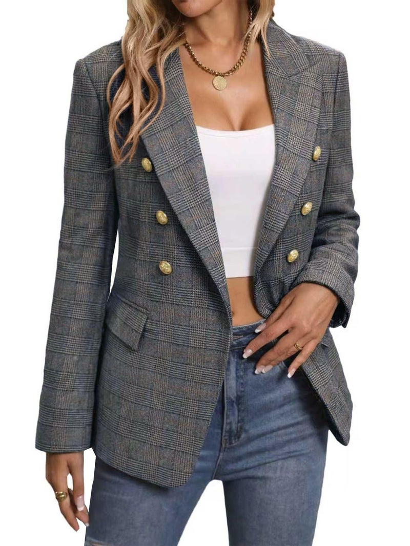 Mina Self Plaid Blazer Jacket for Women 2026 Fall Winter Black Houndstooth Tweed Business Casual Outfits Work Trendy Professional Fitted Womens Coat Women's Blazers & Suit Jackets XZ122 P/Black L - Image 1