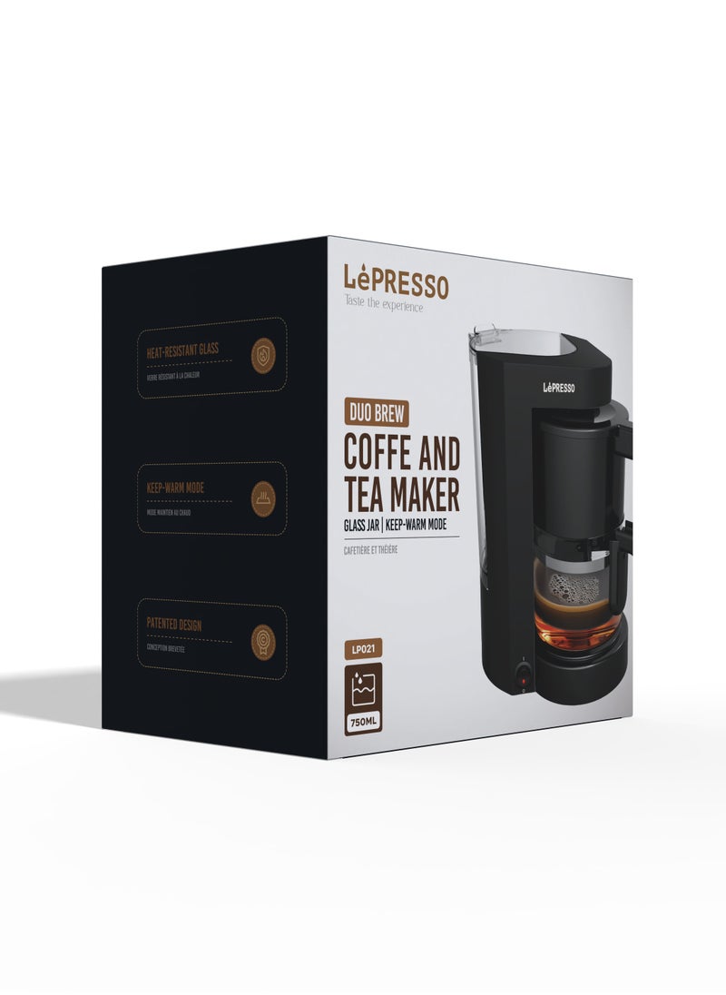 LePRESSO - Duo Brew Tea and Coffee Maker with Glass Jar and Keep-Warm Mode / 750mL Heat-Resistant Glass / Permanent Filter for Coffee / Brew Coffee Machine - Black - Image 1