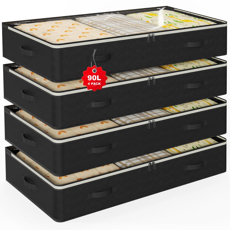 BOOMIBOO 90L Under Bed Storage Containers4Pack Closet Organizers and Storage Binsfor Organization and Storage Clothes Shoes Blankets PillowsVisible Transparent Top Storage Bins with LidsBlack - Image 2