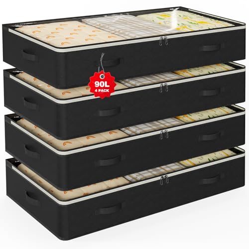 BOOMIBOO 90L Under Bed Storage Containers4Pack Closet Organizers and Storage Binsfor Organization and Storage Clothes Shoes Blankets PillowsVisible Transparent Top Storage Bins with LidsBlack - Image 1