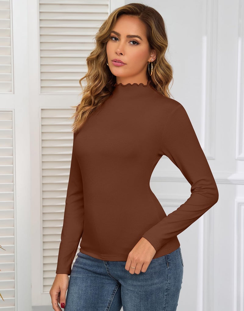 ACIEMR Mock Neck Tops for Women Lettuce Trim Slim Fit Long Sleeve Shirts Stylish Casual Tee for Fall and Winter Layering Outfits Coffee Large - Image 2