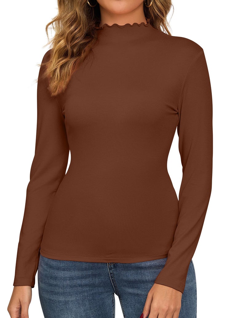 ACIEMR Mock Neck Tops for Women Lettuce Trim Slim Fit Long Sleeve Shirts Stylish Casual Tee for Fall and Winter Layering Outfits Coffee Large - Image 1