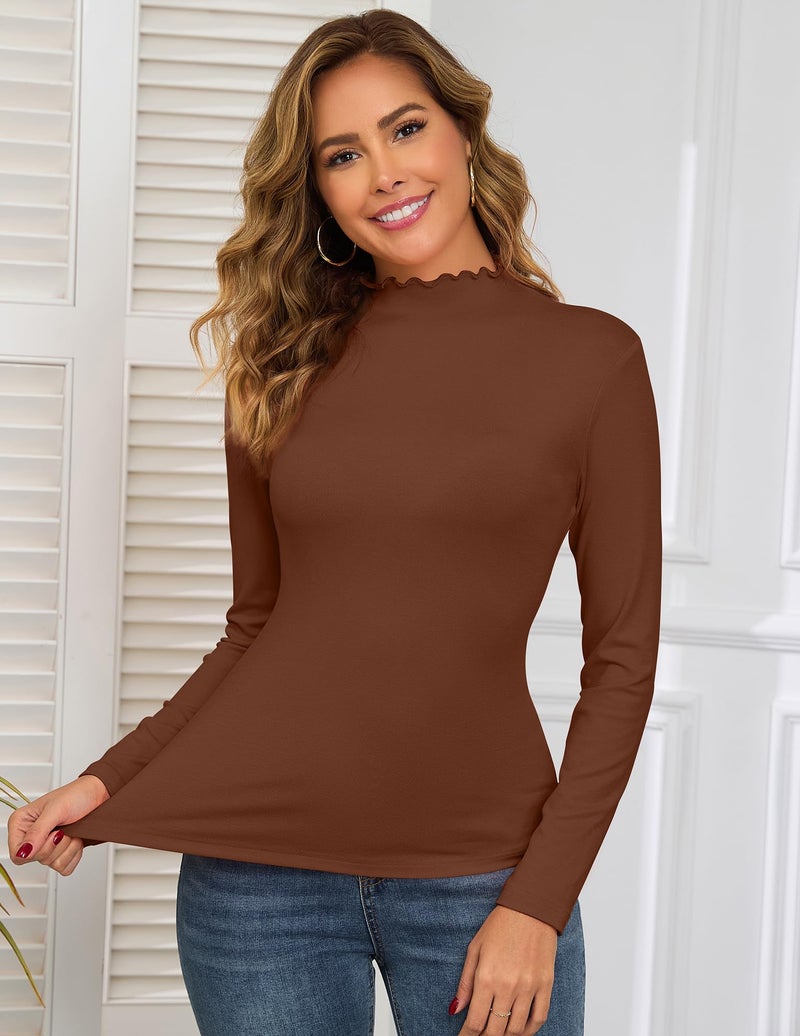 ACIEMR Mock Neck Tops for Women Lettuce Trim Slim Fit Long Sleeve Shirts Stylish Casual Tee for Fall and Winter Layering Outfits Coffee Large - Image 3