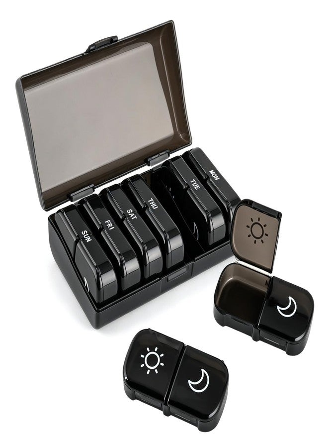 Fevbcnrj Vitamin Organizer, Gummy Vitamin Holder Daily Travel Pill Case, Weekly 7 Day Pill Box with Dual Layer Design, Two Openings, Easy to Open Medicine Keeper for Vitamins, Medications (Black - Image 1