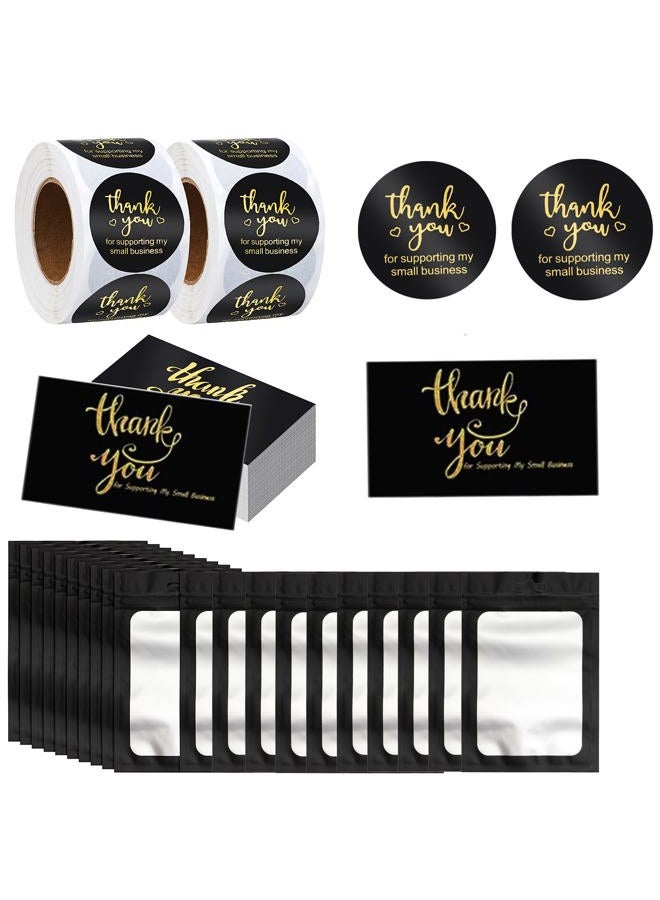 Lefiocky 1120 Pcs Thank Cards and Stickers Set 1.5 Inch with Gold Foil Lettering Thank for Supporting My Small Business Tiny Thank You Cards and Resealable Packaging Bag for Business - Black - Image 1