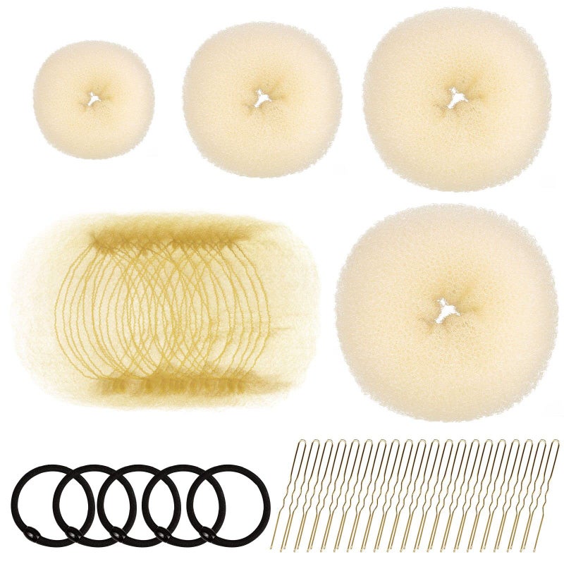 FANDAMEI Hair Styling Set  Bun Maker Hair Nets Hair Pins and Elastic Bands in Various Sizes Gold