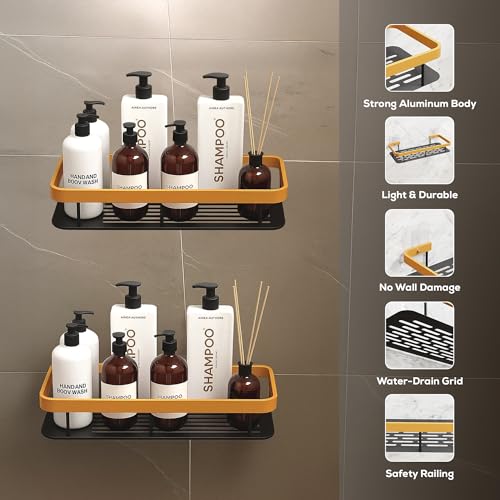 MIORAH Self Adhesive Bathroom Shelf, Rustproof Powder Coated Aluminium Organizer, No Drill Wall Mounted Shower Storage Rack Gold Pack of 2 - Image 3