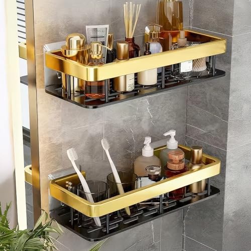 MIORAH Self Adhesive Bathroom Shelf, Rustproof Powder Coated Aluminium Organizer, No Drill Wall Mounted Shower Storage Rack Gold Pack of 2 - Image 1