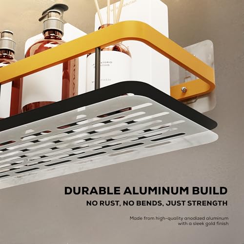 MIORAH Self Adhesive Bathroom Shelf, Rustproof Powder Coated Aluminium Organizer, No Drill Wall Mounted Shower Storage Rack Gold Pack of 2 - Image 5