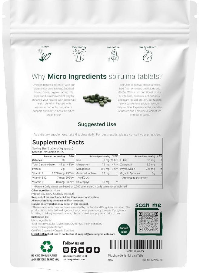 Micro Ingredients Organic Spirulina Supplement (3000/Serving, 720 Tablets) - Image 2