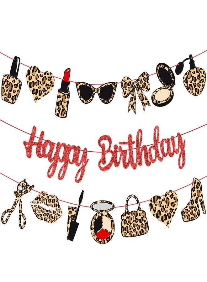 umoni Leopard Print Happy Birthday Banners Red Glitter Cheetah Print Birthday Party Decorations 3PCS Cheetah Makeup Theme Hanging Cutout Banner for Girls Night Out Lady Bow Bachelorette Party Supplies - Image 1