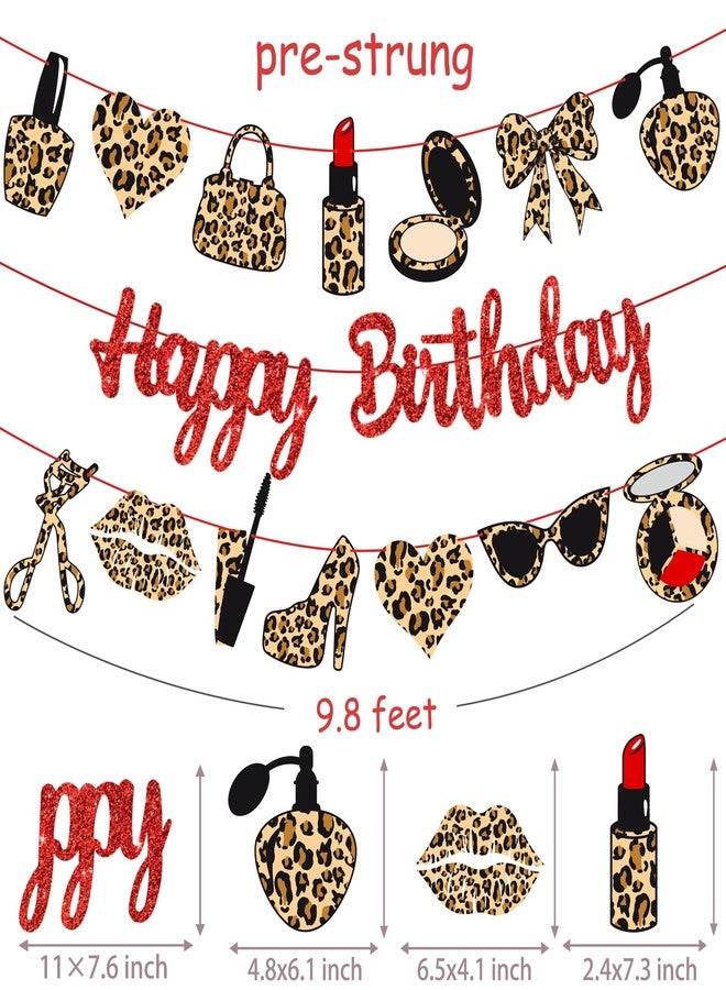 umoni Leopard Print Happy Birthday Banners Red Glitter Cheetah Print Birthday Party Decorations 3PCS Cheetah Makeup Theme Hanging Cutout Banner for Girls Night Out Lady Bow Bachelorette Party Supplies - Image 4