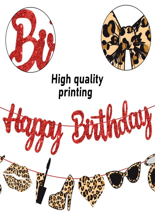 umoni Leopard Print Happy Birthday Banners Red Glitter Cheetah Print Birthday Party Decorations 3PCS Cheetah Makeup Theme Hanging Cutout Banner for Girls Night Out Lady Bow Bachelorette Party Supplies - Image 3