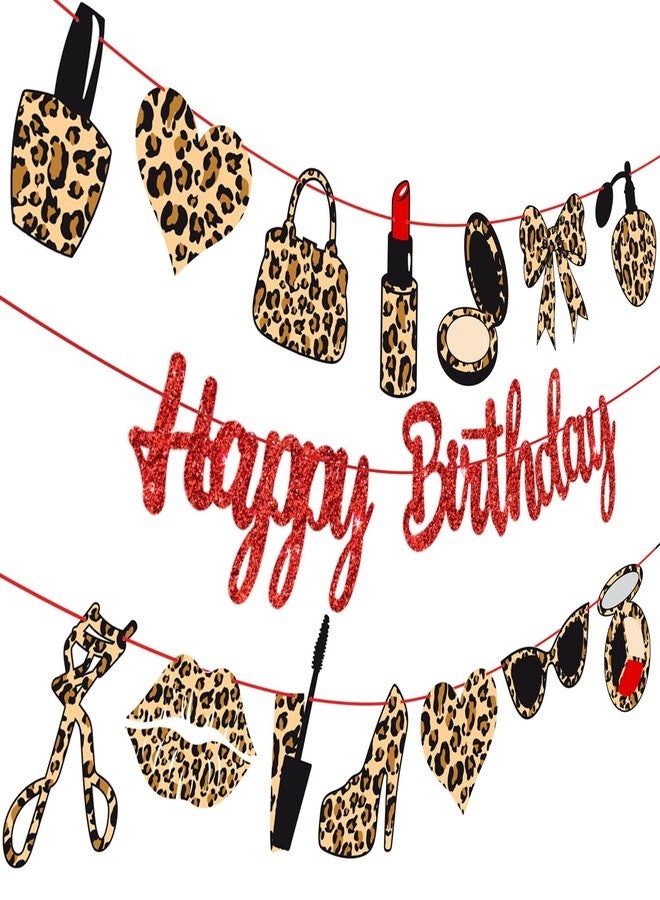 umoni Leopard Print Happy Birthday Banners Red Glitter Cheetah Print Birthday Party Decorations 3PCS Cheetah Makeup Theme Hanging Cutout Banner for Girls Night Out Lady Bow Bachelorette Party Supplies - Image 2