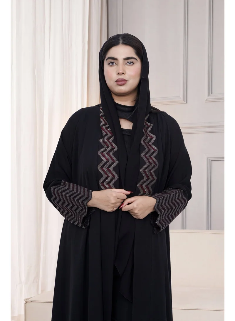 Fashion Line FASHION LINE Geometric Grace Abaya for Women - Black open-front elegant modest robe with multi-color chevron embroidery on lapel and sleeves