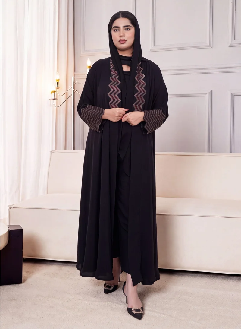 Fashion Line FASHION LINE Geometric Grace Abaya for Women - Black open-front elegant modest robe with multi-color chevron embroidery on lapel and sleeves