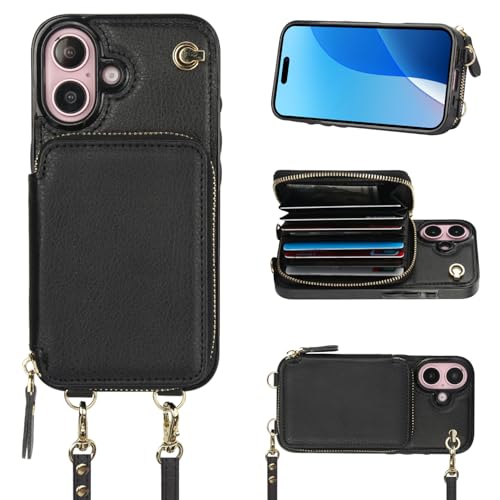 Bocasal Crossbody Wallet Case for iPhone 16 RFID Blocking Leather Purse Case with Card Holder Protective Handbag Flip Cover with Zipper Wrist Strap Lanyard for Women 5G 61 Inch Black - Image 1