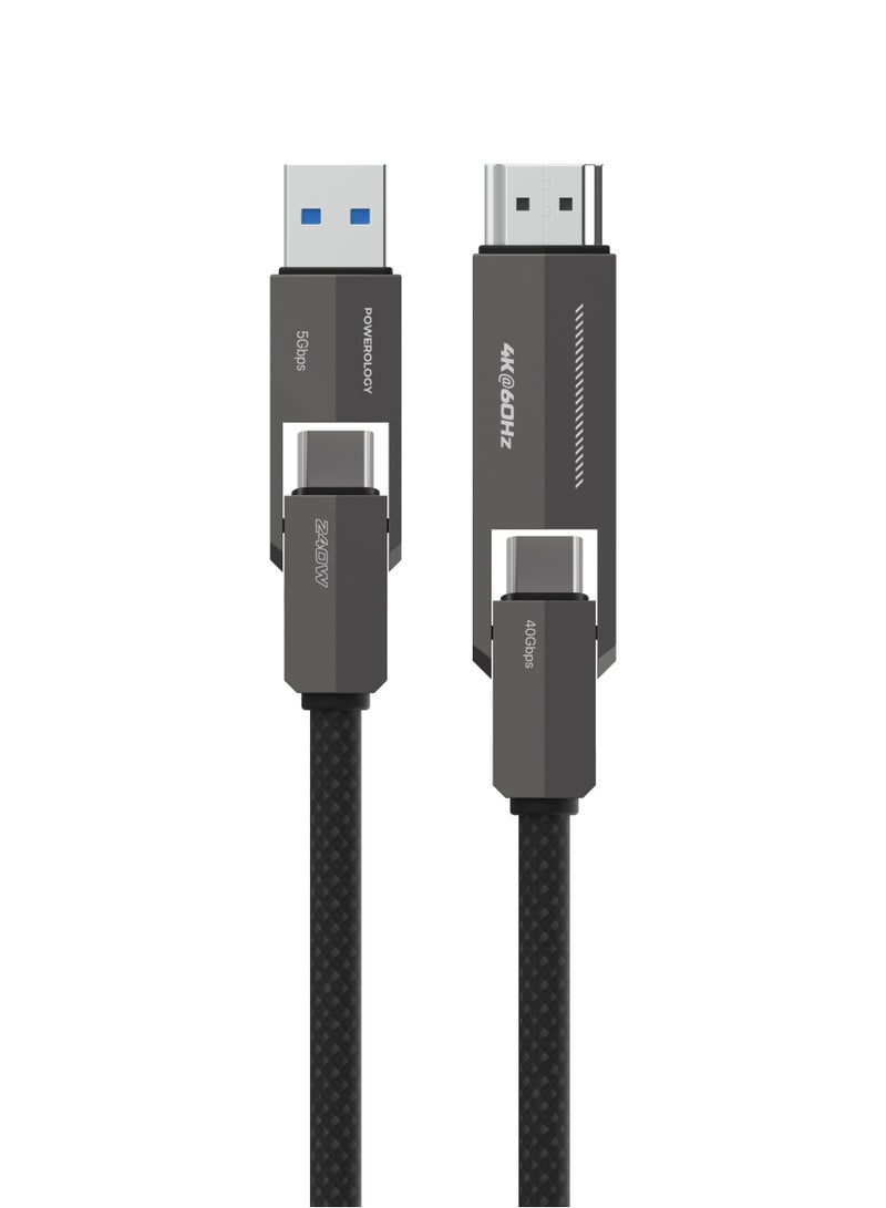 Powerology VION 4-in-1 Charging & data transfer cable 240W 1.2m, USB-C & HDMI, 4K @60Hz, 40Gbps Data Transfer Speed, Fast Charging , For iPhone 17 & 16, Samsung Galaxy, iPad, Laptop - Black - Image 1