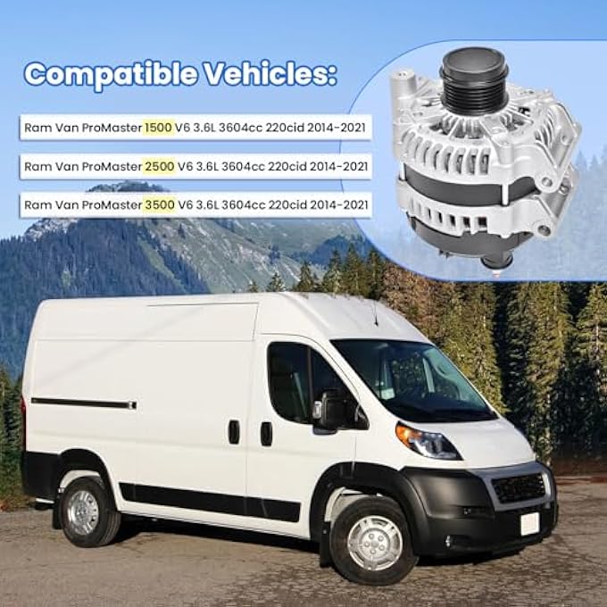FuseRish Replacement Alternator 180Amp 12V, Perfect fit for Ram Van ProMaster 1500/2500/3500 3.6L 2014-2021 Part #: 68271769AA, 11792,421000-7120 - Image 3