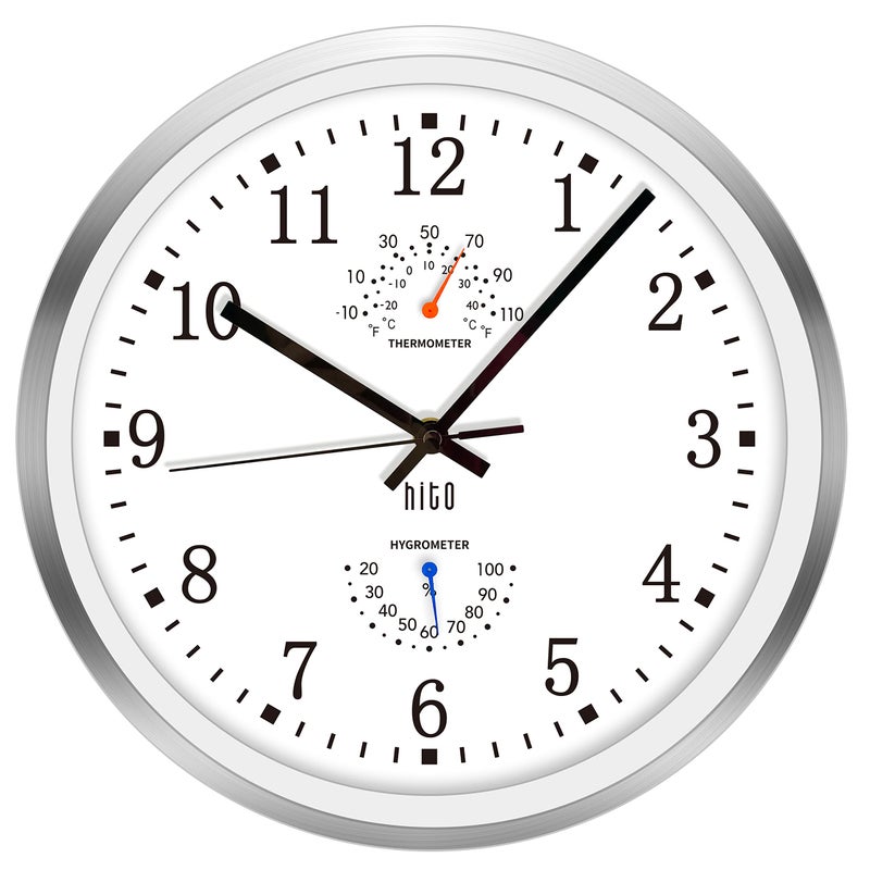 HITO 12 Inch Silent Wall Clock Battery Operated Non Ticking Glass Cover Silver Aluminum Frame for Living Room Decor Kitchen Bedroom Home Office 12 White