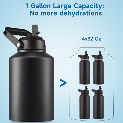 EALGRO Half Gallon Insulated Water Bottle Jug with Straw, 64 oz Large Stainless Steel Sports Metal Water Flask with Handle, Thermal Water Cup Mug with 2 Lids, Black - Image 4