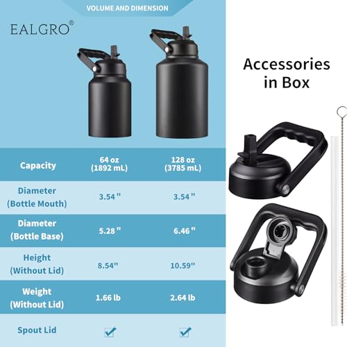 EALGRO Half Gallon Insulated Water Bottle Jug with Straw, 64 oz Large Stainless Steel Sports Metal Water Flask with Handle, Thermal Water Cup Mug with 2 Lids, Black - Image 5