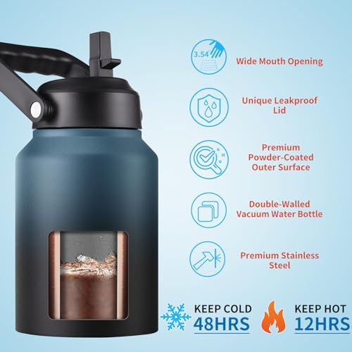 EALGRO Half Gallon Insulated Water Bottle Jug with Straw, 64 oz Large Stainless Steel Sports Metal Water Flask with Handle, Thermal Water Cup Mug with 2 Lids, Black - Image 3