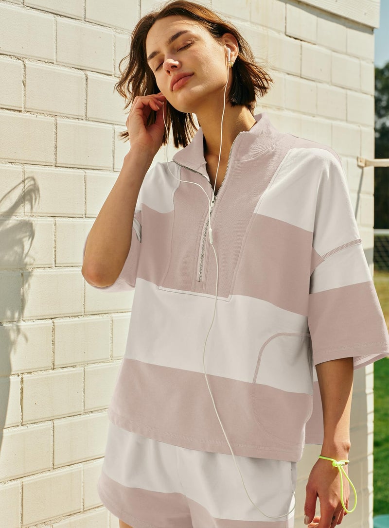 Yanekop Womens 2 Piece Outfits Summer Striped Lounge Set Two Piece Matching Workout Sets Oversized Short Sets Tracksuits(Beige Pink,S) - Image 5