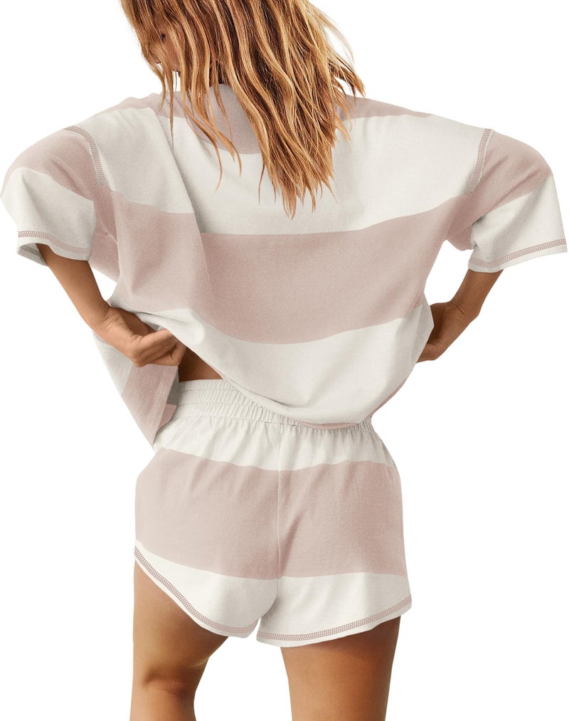 Yanekop Womens 2 Piece Outfits Summer Striped Lounge Set Two Piece Matching Workout Sets Oversized Short Sets Tracksuits(Beige Pink,S) - Image 3