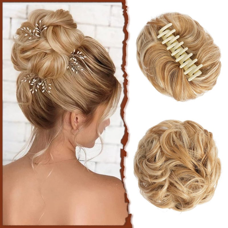 Sofeiyan Claw Clip Messy Bun Hairpieces Wavy Curly Hair Bun Clip in Claw Chignon Ponytail Hairpiece Tousled Updo Hair Extensions Synthetic Scrunchie Hair Piece for Women, Honey Blonde/Platinum Blonde