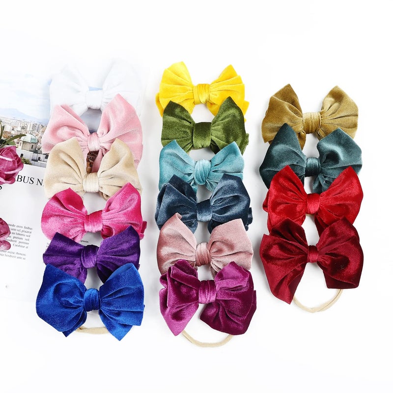 Cinaci 16 Pack Super Stretchy Thin Slim Nylon Headbands with Big Velvet Solid Knot Bow Hair Bands Accessories for Baby Girls Newborns Infants Toddlers Kids - Image 5