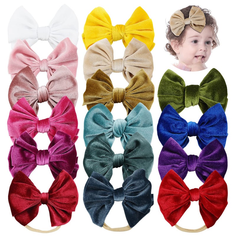 Cinaci 16 Pack Super Stretchy Thin Slim Nylon Headbands with Big Velvet Solid Knot Bow Hair Bands Accessories for Baby Girls Newborns Infants Toddlers Kids - Image 1