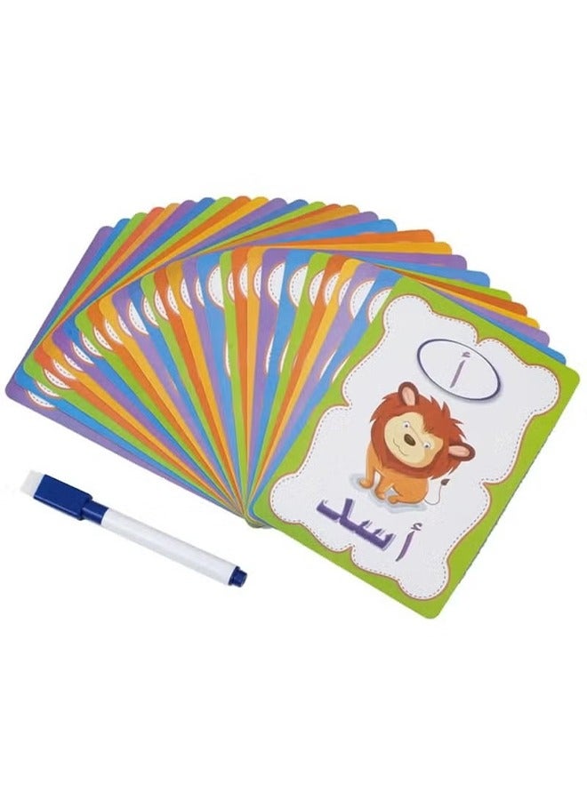 Arabic Alphabet Flashcards 28 Pcs Colorful Early Word Education Toys Learning Resource Interactive Set with Marker Pen for Kids Practicing, Writing (Arabic) - Image 1
