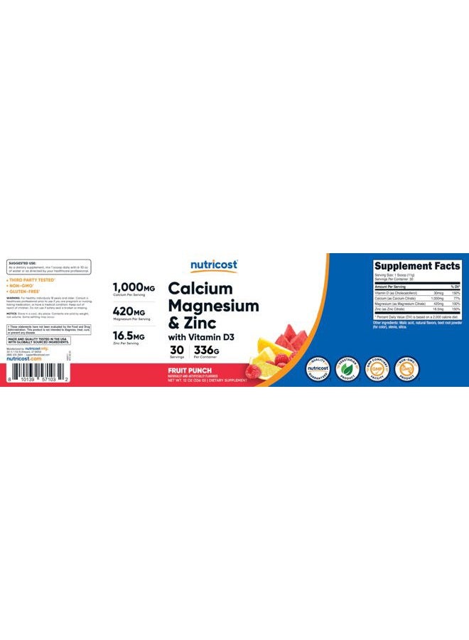 Nutricost مسحوق الكالسيوم والمغنيسيوم والزنك مع فيتامين د3، 30 حصة (نكهة فواكه البونش) - Image 3