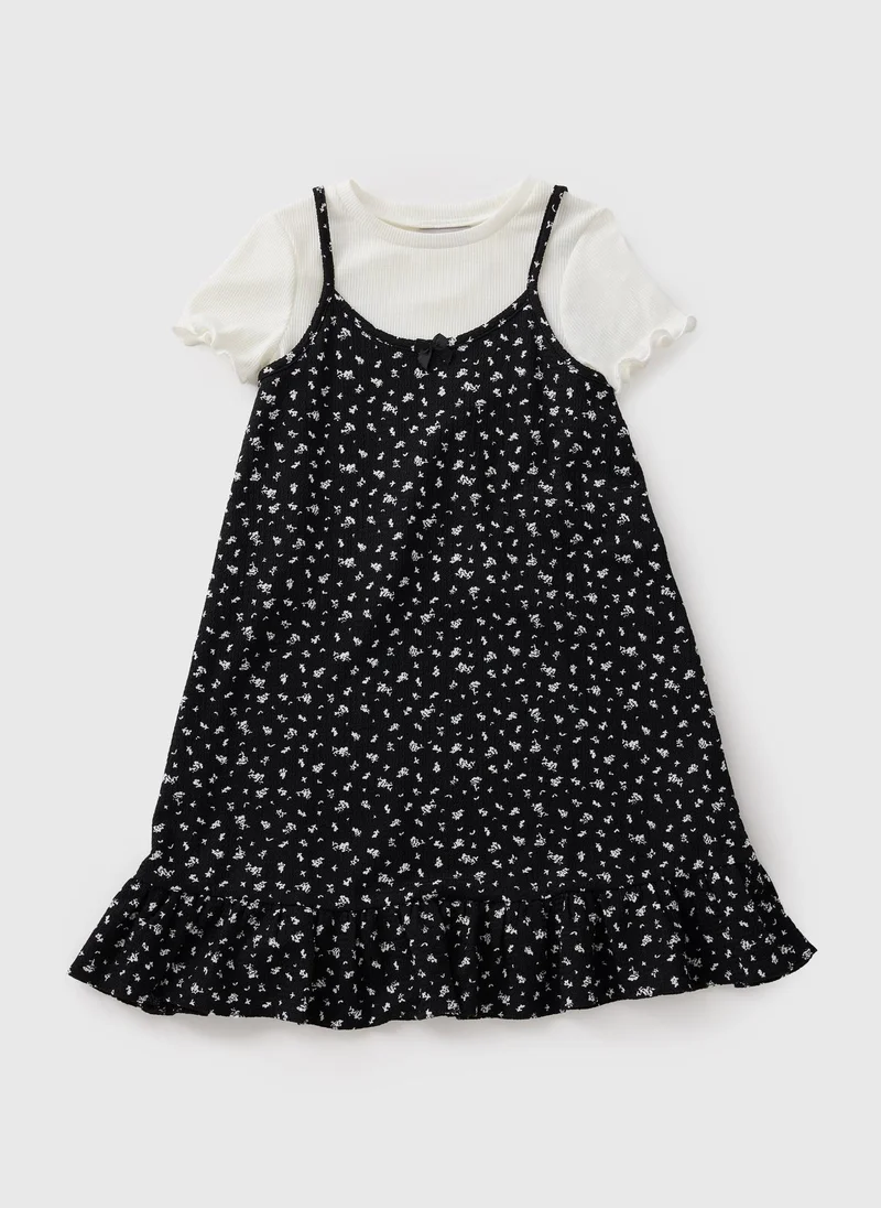 Matalan Girls Black Ditsy 2-in-1 Crinkle Dress