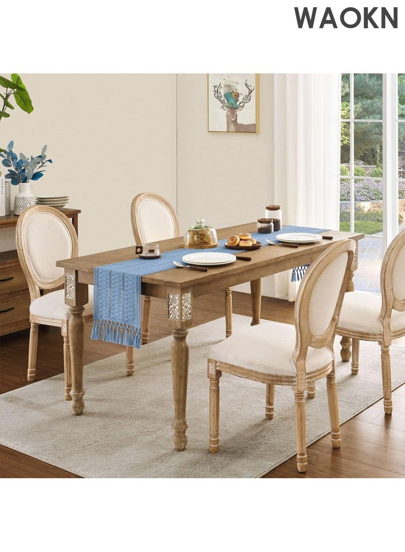 دبليو أيه أو كي أن مفرش طاولة منسوج يدويًا - تصميم بوهو شيك، ١٢×٤٨ بوصة، بديكور تركي أزرق | نقش هندسي عربي لرمضان/العيد/المطبخ الريفي | حواف مزينة بشراشيب وحرفية عالية | أناقة منزلية شرق أوسطية - Image 3