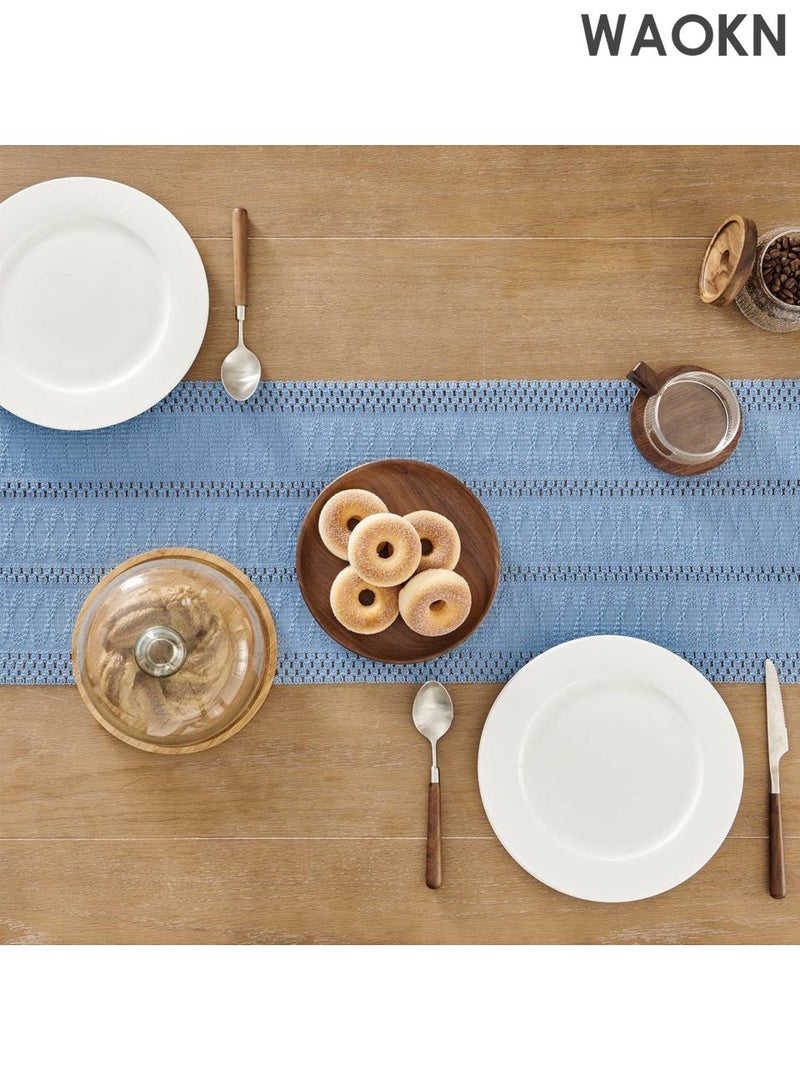 دبليو أيه أو كي أن مفرش طاولة منسوج يدويًا - تصميم بوهو شيك، ١٢×٤٨ بوصة، بديكور تركي أزرق | نقش هندسي عربي لرمضان/العيد/المطبخ الريفي | حواف مزينة بشراشيب وحرفية عالية | أناقة منزلية شرق أوسطية - Image 4