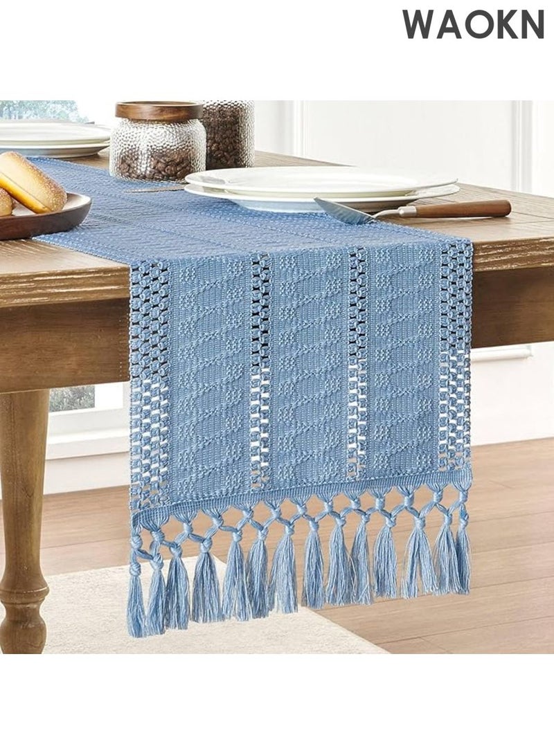 دبليو أيه أو كي أن مفرش طاولة منسوج يدويًا - تصميم بوهو شيك، ١٢×٤٨ بوصة، بديكور تركي أزرق | نقش هندسي عربي لرمضان/العيد/المطبخ الريفي | حواف مزينة بشراشيب وحرفية عالية | أناقة منزلية شرق أوسطية - Image 1