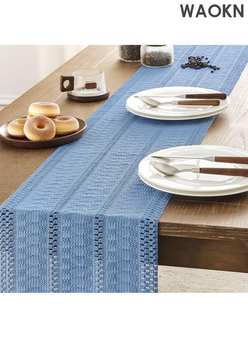 دبليو أيه أو كي أن مفرش طاولة منسوج يدويًا - تصميم بوهو شيك، ١٢×٤٨ بوصة، بديكور تركي أزرق | نقش هندسي عربي لرمضان/العيد/المطبخ الريفي | حواف مزينة بشراشيب وحرفية عالية | أناقة منزلية شرق أوسطية - Image 5