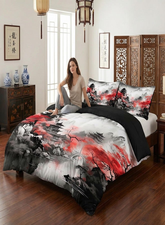 CCoutueChen Japanese Cherry Blossom Comforter Set King Women Black Pink Floral Bedding with 2 Pillowcases, 3Pcs Soft Farmhouses Country Bedroom Decor Quilt Set, 104"x90" - Image 4