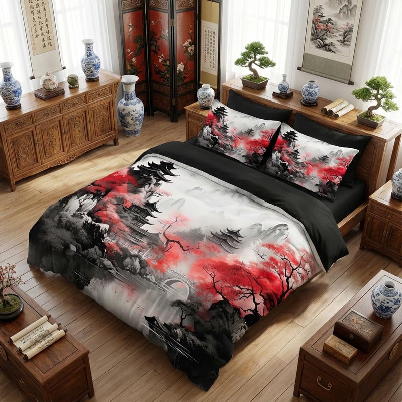 CCoutueChen Japanese Cherry Blossom Comforter Set King Women Black Pink Floral Bedding with 2 Pillowcases, 3Pcs Soft Farmhouses Country Bedroom Decor Quilt Set, 104"x90" - Image 1