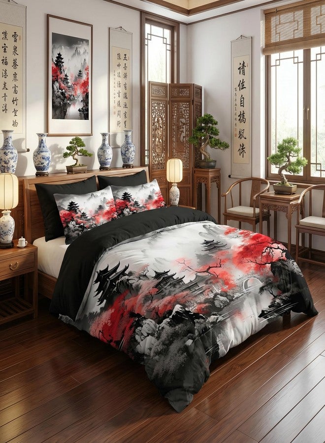 CCoutueChen Japanese Cherry Blossom Comforter Set King Women Black Pink Floral Bedding with 2 Pillowcases, 3Pcs Soft Farmhouses Country Bedroom Decor Quilt Set, 104"x90" - Image 2