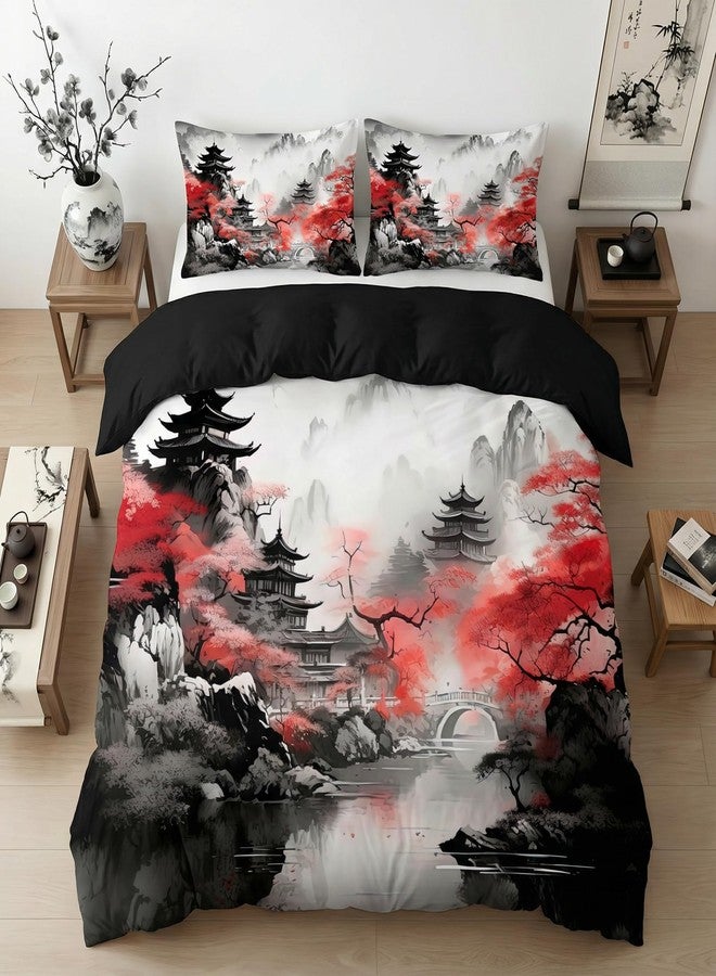 CCoutueChen Japanese Cherry Blossom Comforter Set King Women Black Pink Floral Bedding with 2 Pillowcases, 3Pcs Soft Farmhouses Country Bedroom Decor Quilt Set, 104"x90" - Image 5