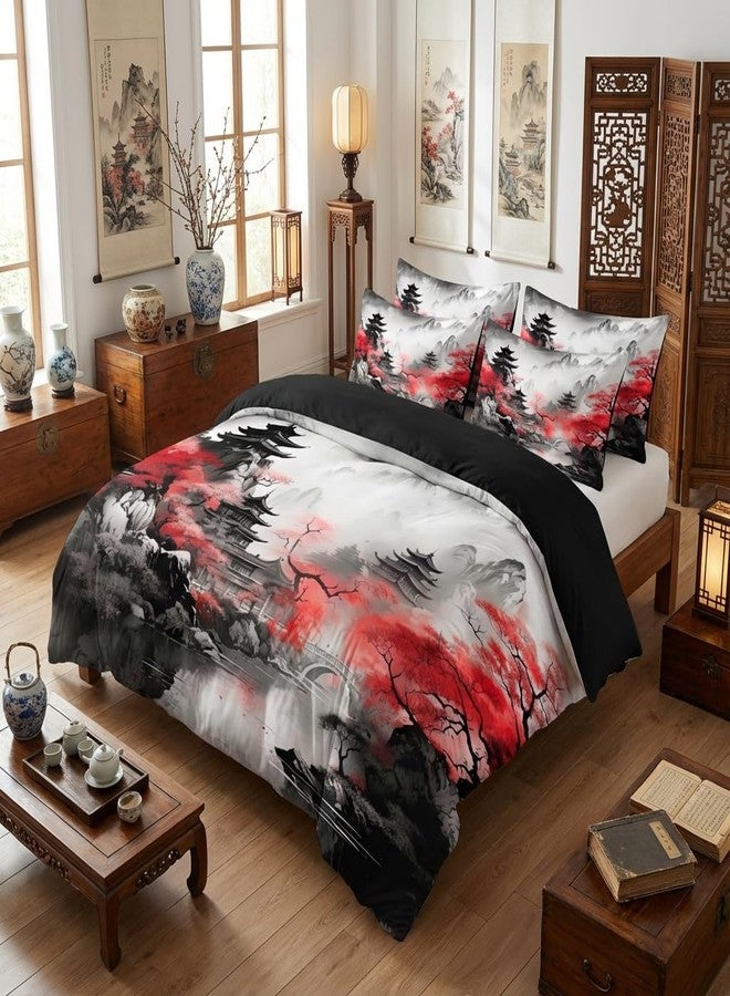 CCoutueChen Japanese Cherry Blossom Comforter Set King Women Black Pink Floral Bedding with 2 Pillowcases, 3Pcs Soft Farmhouses Country Bedroom Decor Quilt Set, 104"x90" - Image 3